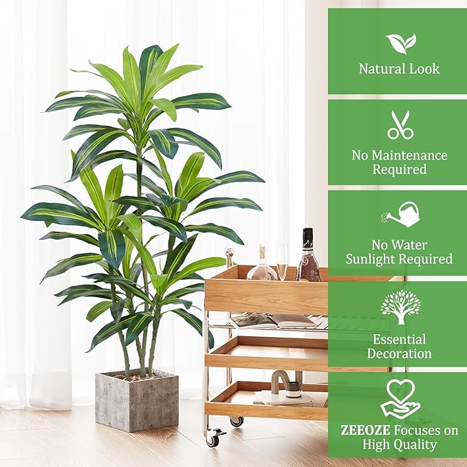 4Ft Dracaena Plant Artificial Tree Fake Tropical Floor Plants Potted (Real Touch) Artificial Silk Tree Leaf Faux Trees Black Tall Planter for Home Office Living Room Indoor Outdoor Decor（2Pack）