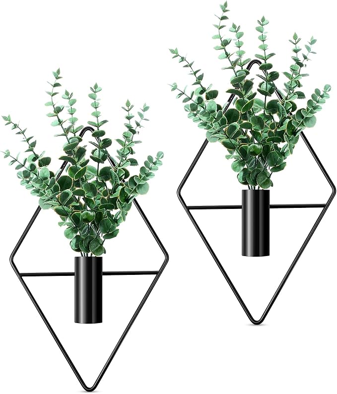 2 Pieces Wall Decor Hanging Planters with Artificial Plants Metal Hanging Vase Indoor Plants Holder Modern Boho Wall Art for Bathroom Bedroom Living Room Decor(Black,Eucalyptus)