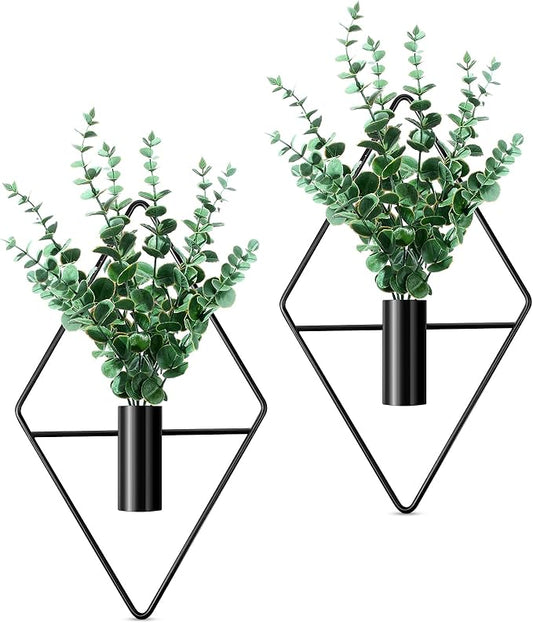 2 Pieces Wall Decor Hanging Planters with Artificial Plants Metal Hanging Vase Indoor Plants Holder Modern Boho Wall Art for Bathroom Bedroom Living Room Decor(Black,Eucalyptus)