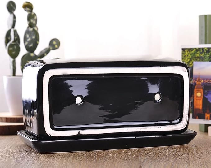 VanEnjoy 10 Inch Black Rectangle Ceramic Succulent Planter Pot Decorative Cactus Plant Pot Flower Container with Ceramic Tray