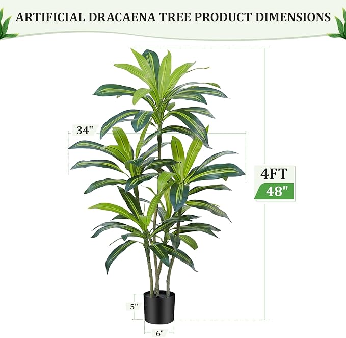 4Ft Dracaena Plant Artificial Tree Fake Tropical Floor Plants Potted (Real Touch) Artificial Silk Tree Leaf Faux Trees Black Tall Planter for Home Office Living Room Indoor Outdoor Decor（2Pack）