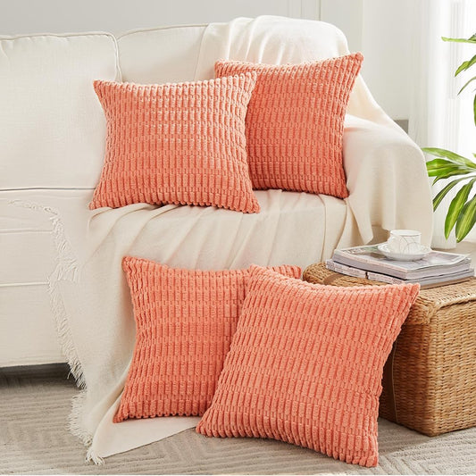 Fancy Homi 4 Packs Boho Coral Decorative Throw Pillow Covers 16x16 Inch for Living Room Couch Bed Sofa, Rustic Modern Farmhouse Home Decor, Soft Plush Corduroy Peach Cute Square Cushion Case 40x40 cm