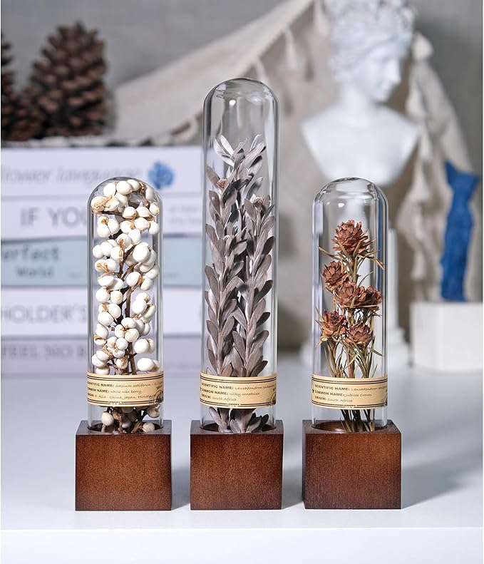 3Pcs Dried Flowers Book Shelf Decor,Boho Shelf Decor,Small Plants Decor for Office Shelves,Natural Forest Green Plants Decor with Wooden Base,Rustic Farmhouse Decor,Unique Gifts for Women,Friends