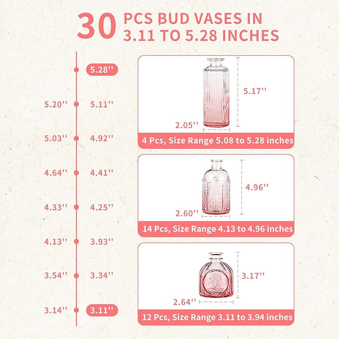 Glass Bud Vases in Bulk Set of 30 Pcs,Small Glass Vases for Flowers as Wedding Centerpieces for Tables,Clear Flower Vases Suitble for Wedding Decorations,Home Decor (Light Rose-red, 30 pcs)