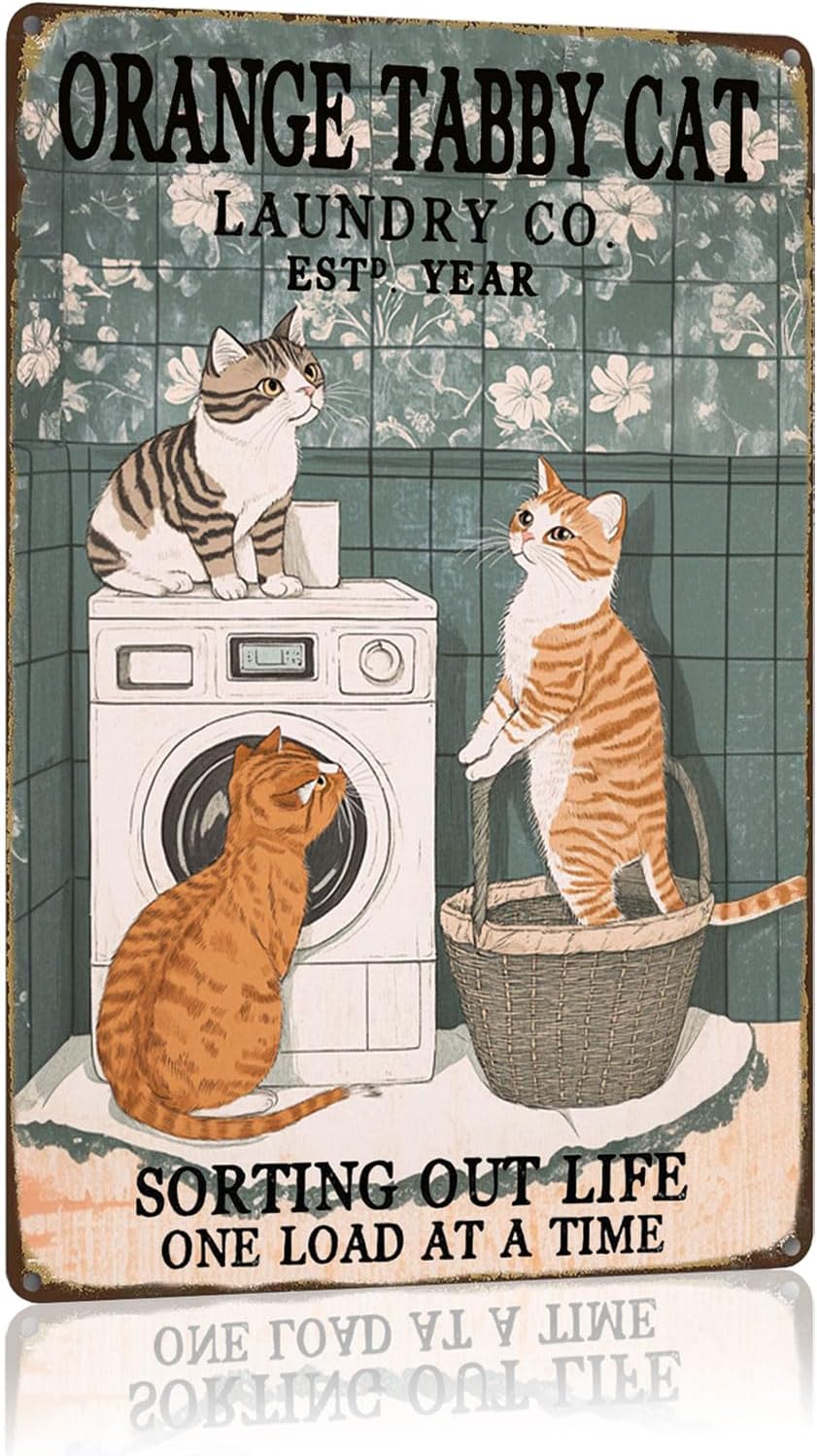 Metal Signs Orange Tabby Cat Laundry Co Est Year Sorting Out Life One Load At A Time Sign Tin Sign Vintage Wall Decor for Bathroom Bar Cafe Bedroom Living Room 12×8 Inch