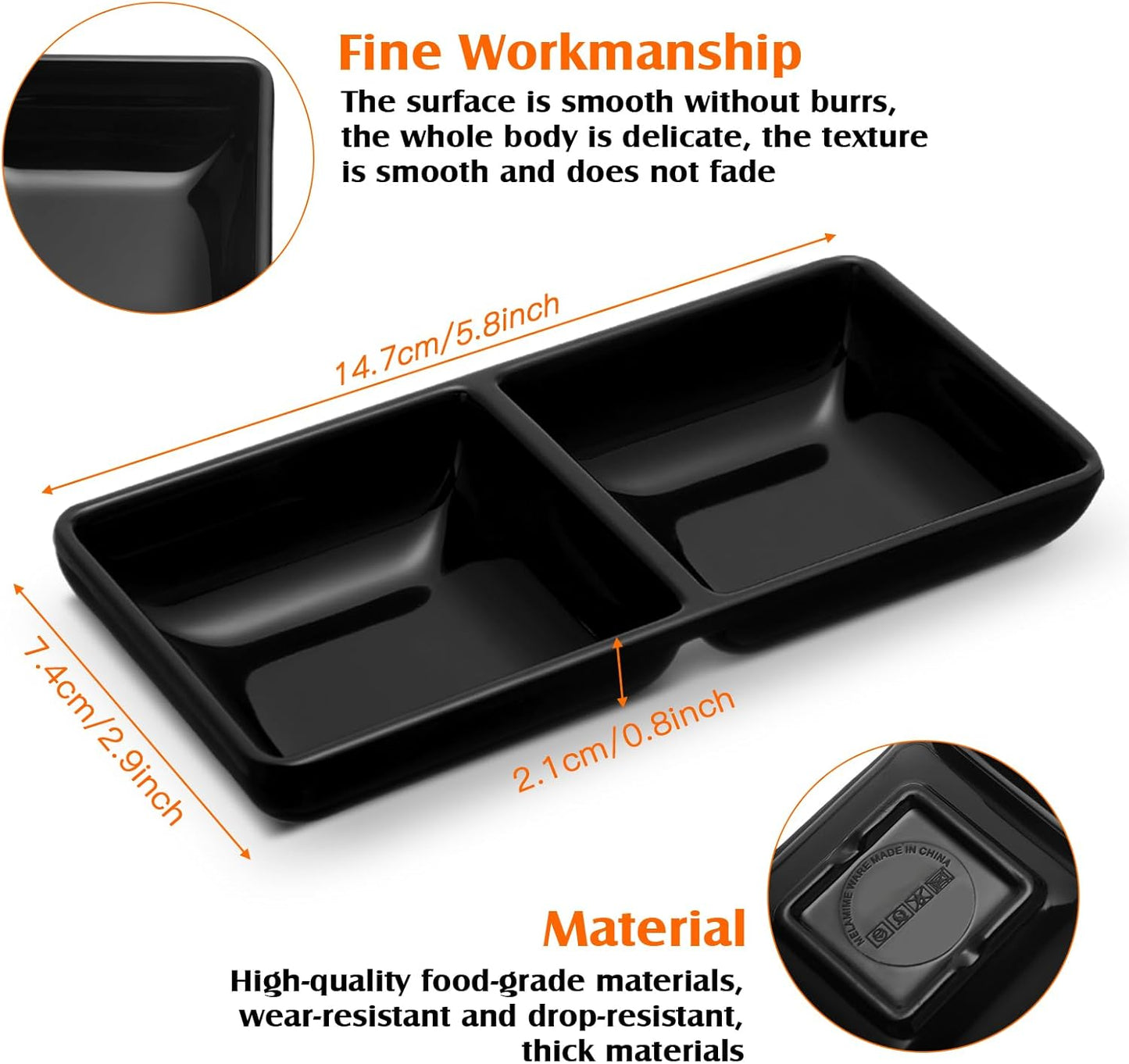 Gejoy 6 Pcs Dual Dipping Sauce Bowls Soy Sauce Dish Bowls Two Compartments Party Trays Divided Fondue Plates for Restaurant Kitchen Sushi Soy (Black)