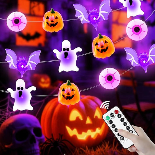 ZGWJ Halloween String Lights Battery Powered with Timer, 1 Pack Bat-Eyeball-Ghost-Pumpkin 50LED 16FT Twinkle String Lights 8 Modes for Bedroom,Halloween Parties Decoration Indoor and Outdoor