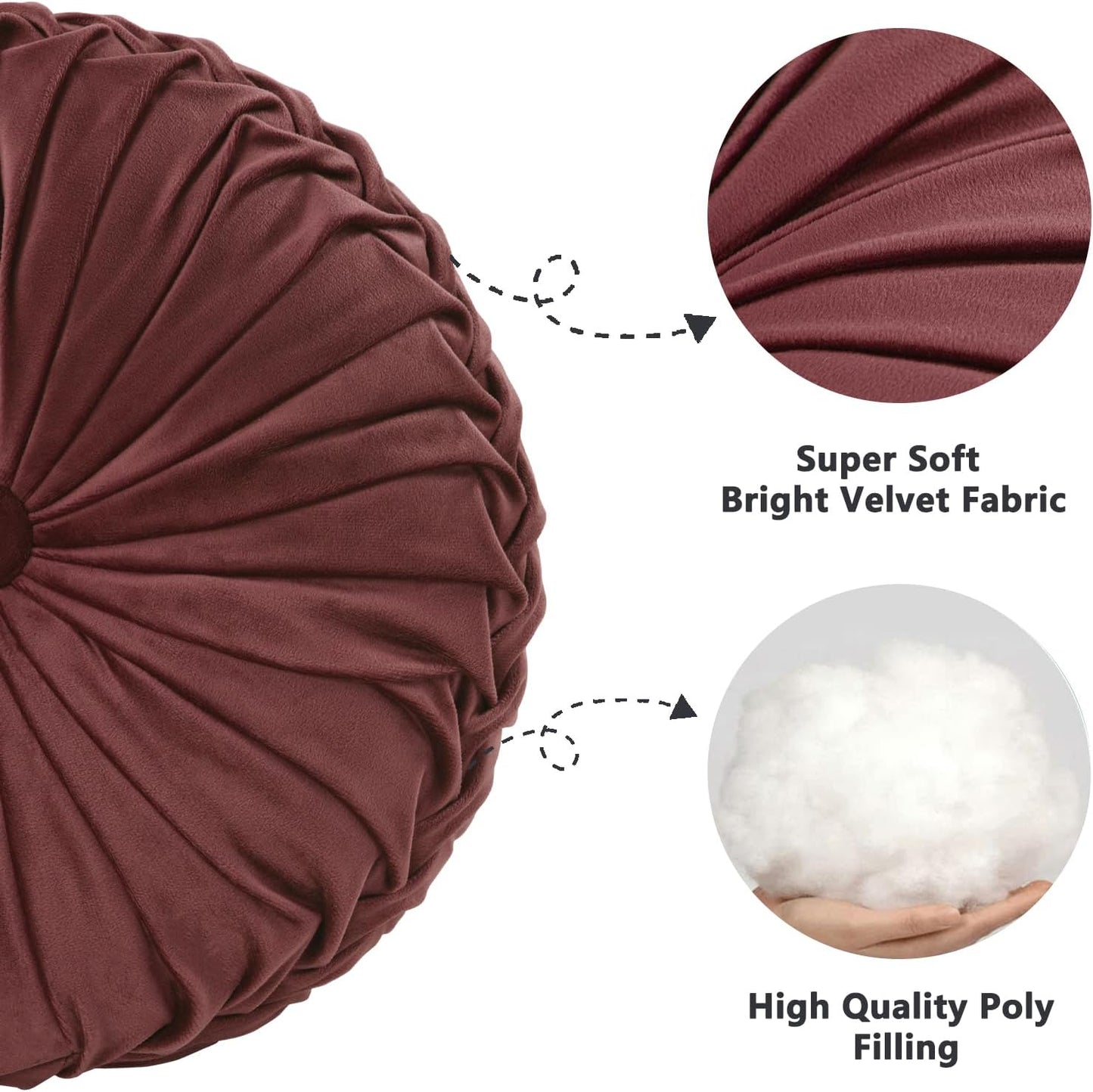 HIG Set of 2 Decorative Round Pleated Throw Pillows,Classy Accent Pumpkin Throw Pillows with Center Button,Vintage Velvet Floor Pillows for Sofa Vanity Chair Bed,Dusty Rose,14.5" Diameter(Ripple)