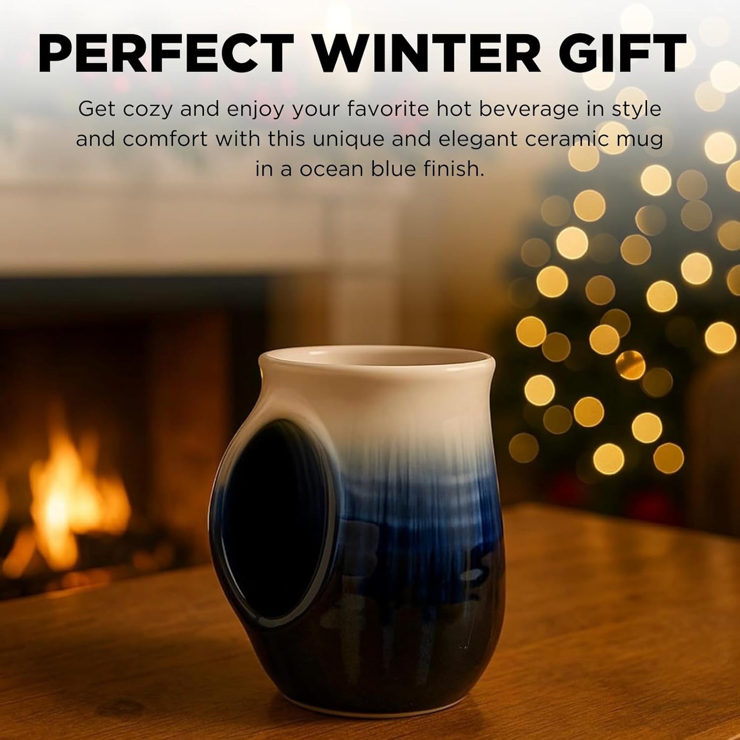 GUTE Hand Warmer Mug, Ceramic and Hand Painted - Contoured Pocket will Hold Warmth From The Heat Of Your Drink To Keep Your Fingers Warm, Comfy Handwarmer (Ocean Blue) (Left Handed)