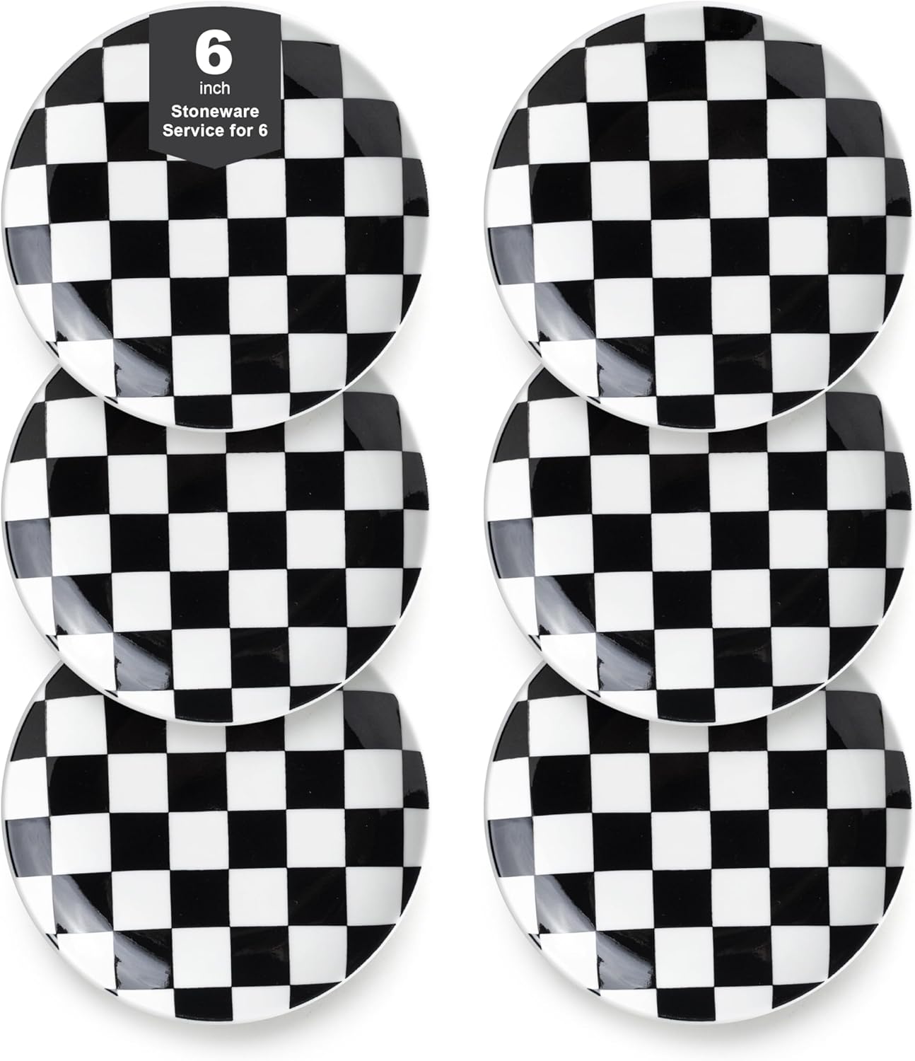 Black and White Checkered Small Dessert Plates Set of 6-6 Inch Ceramic Plates, Microwave & Dishwasher Safe, Minimalist Decorative Platters for Desserts