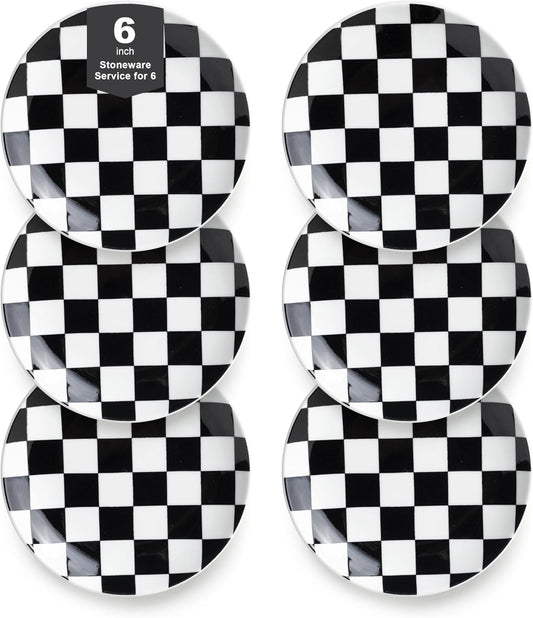 Black and White Checkered Small Dessert Plates Set of 6-6 Inch Ceramic Plates, Microwave & Dishwasher Safe, Minimalist Decorative Platters for Desserts
