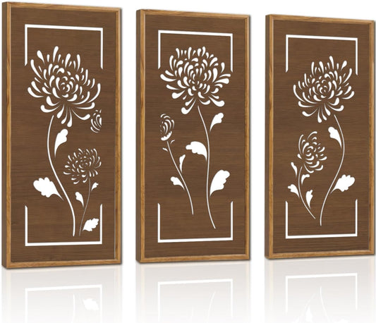 KAIRNE Floral Wooden Wall Art,Hollowed-Out Flower Farmhouse Decor Set of 3(16X8),Brown Vintage Wood Hanging Decor,Ready to Hang Framed Wall Decor,Retro Design for Living Room Bedroom Office Decor