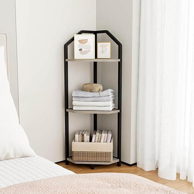 Fun Memories 3 Tier Corner Shelf, 40” Corner Shelf Stand, Corner Bookshelf Plant Stand, Storage Shelf for Bathroom, Living Room, Kitchen,Grey Home Office, Grey