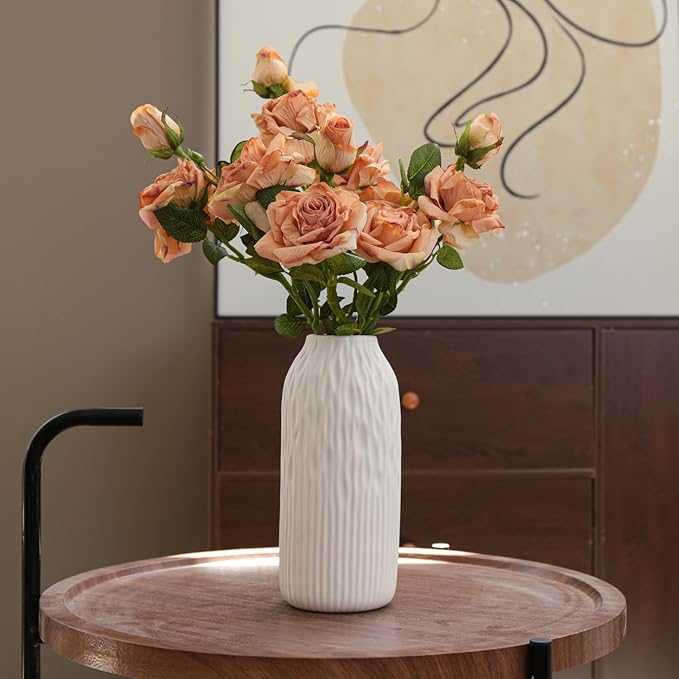 White Ceramic Flower Vase Set of 2, Porcelain Cylindrical Dried Flowers Holder, Decorating for Drawing Room/Table/Study/Office Entryway, Modern Simple Boho Style (White)