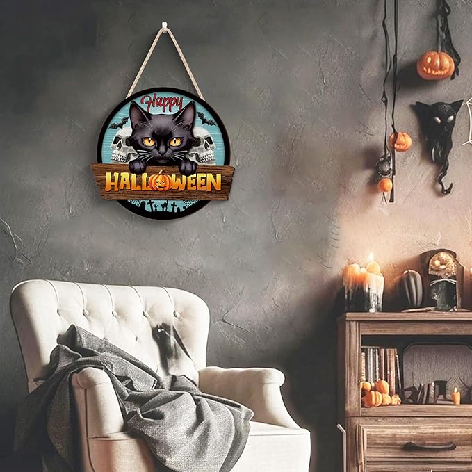 3D Happy Halloween Sign,Halloween Black Cat Door Decor,Black Cats Wall Decor,Skeleton Wall Sign,Tombstone Skull Door Hanger,Ghost Bat Pumpkin Wood Decor for Home Yard Porch Office Party Outdoor