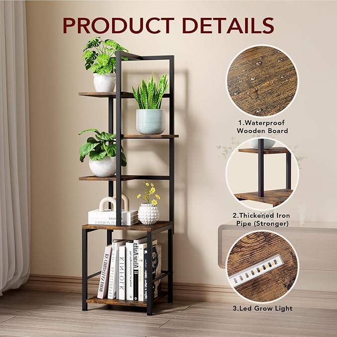 Plant Stand Indoor with Grow Light, 5-Tiered Tall Plant Stand Indoor, Metal Plant Shelf with Bookshelf Bookcase and Adjustable Light, Ideal for Living Room, Reading room, Garden, Patio (Brown)