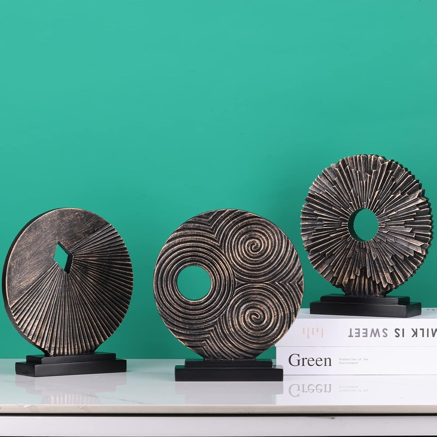 Black and Gold Home Decor Statue, Unique Office Decor, Round Line Medallion Statue for Room Decor, Shelf Top Decor, Entryway Entry Table, Floor Mantle Decor and Home Panel Decorations