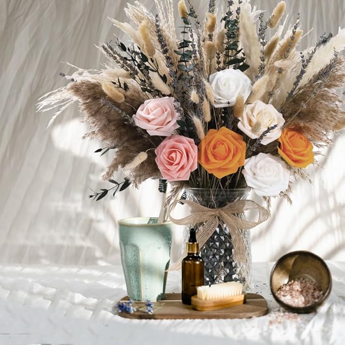 107pcs Natural Dried Pampas Grass Decor with Vase Artificial Flowers in Vase Boho Home Decor Bouquet Bunny Tails Dried Flowers, Reed Grass Bouquet for Wedding Floral Arrangements (107pcs)