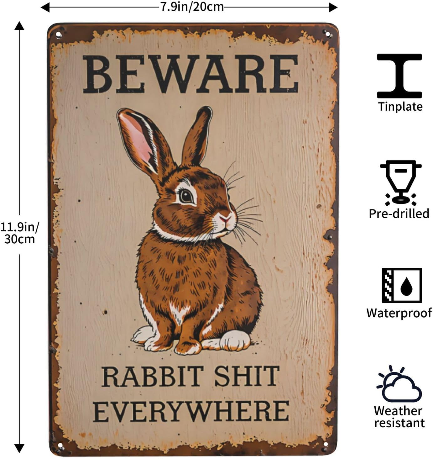 Funny Metal Tin Sign Rabbit Beware Rabbit Shit Everywhere Shop Farm Cafe Garage Home Decor Outdoor Indoor Wall Panel Retro Vintage Poster 8x12 Inch