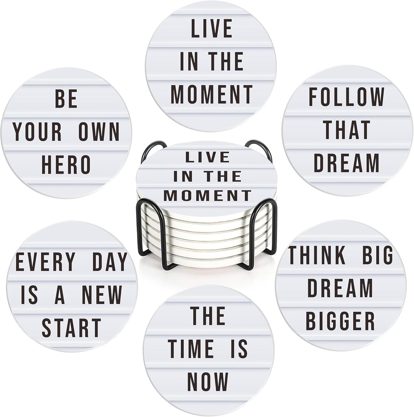 Coasters Set with Holder, 6 Pcs Motivation Quote Absorbent Ceramic Drink Pads, Non-Slip Table Protectors for Coffee & Glasses