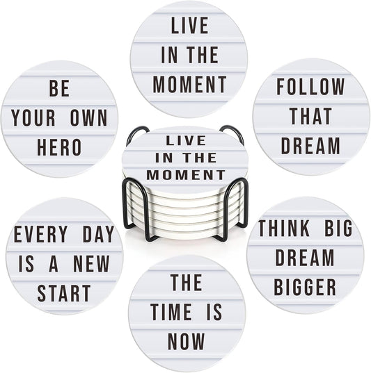 Coasters Set with Holder, 6 Pcs Motivation Quote Absorbent Ceramic Drink Pads, Non-Slip Table Protectors for Coffee & Glasses