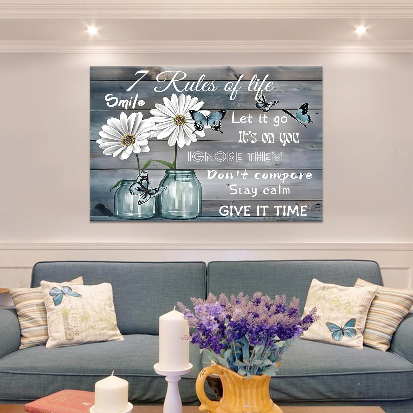 Inspirational Wall Art Rustic Daisy Butterfly Canvas Vintage Floral Wall Decor Poster Print Flowers Picture Painting Wall Decor Artwork for Living Room Workplace Gym Stretched and Framed [36''Wx24''H]