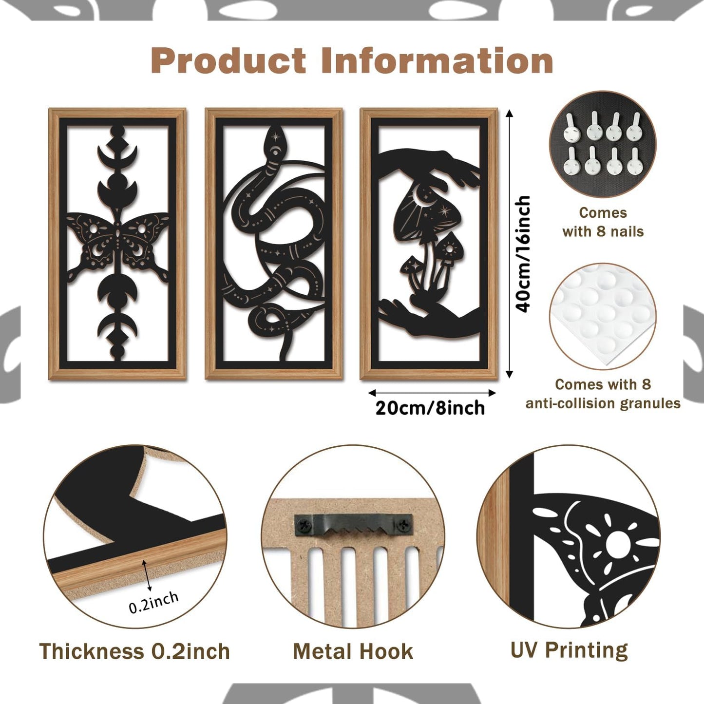 IARTTOP 3 Pcs Black Gothic Wall Art Boho Witchy Moon Phases Butterfly Wood Wall Decor Snake Decor Hanging Art Dark Mushroom Artwork Home Decor for Apartment Living Room Bedroom 7.9 x15.8 Inch