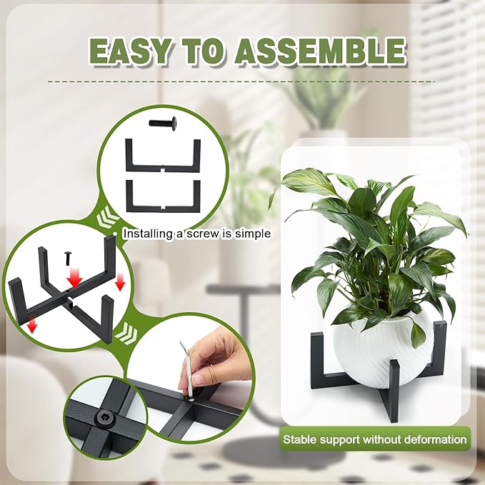 Heavy-Duty Metal Plant Stands Indoor Outdoor, 2/3 Pack Modern Plant Holder & Rattan Stool - Low Short Black Plant Stands Fit 5-12 Inch Pots (Plant Not Included) (2Pcs)