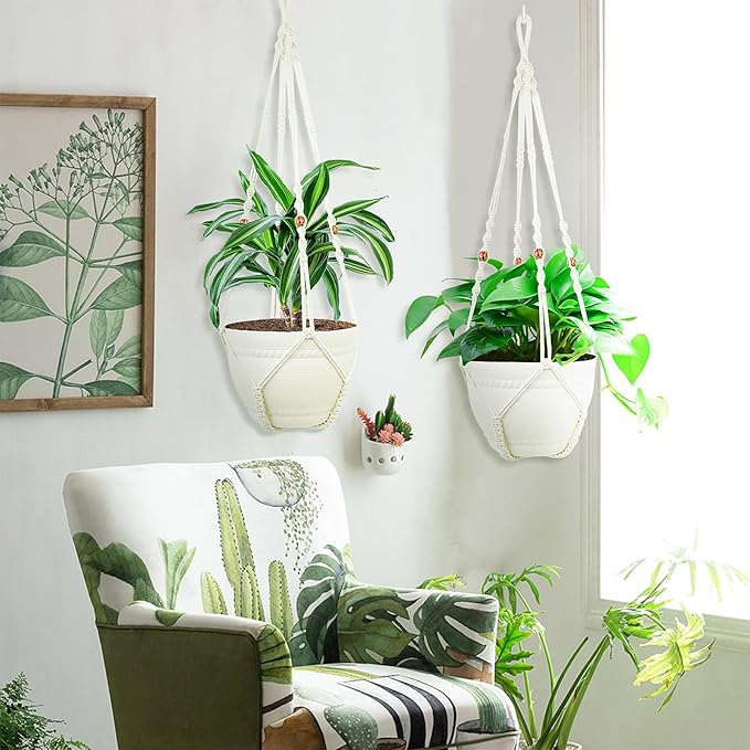 FGSAEOR Macrame Plant Holder Hanger, Hanging 3-15 inch Pot, Bearing 20lb Planters, DIY Handmade Hanging Planter Basket, 35-Inch Extra Long Strong Boho Home Indoor Outdoor Décor (2-Pack) (Ivory)