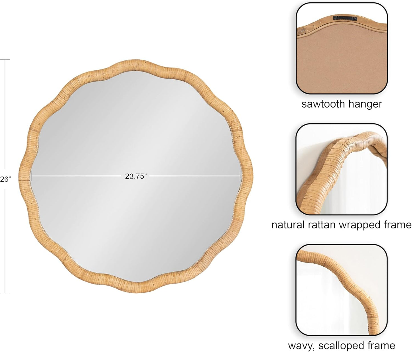 Kate and Laurel Rahfy Boho Scalloped Round Rattan Mirror; 26 Inch Diameter; Natural Wood; Decorative Round Wavy Mirror with Authentic Rattan Frame for Boho Wall Decor