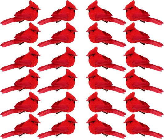 KLEWEE 24 Pcs Cardinals, Artificial Red Cardinal Birds, Clip On Christmas Red Cardinal Ornaments for Christmas Tree Decorations, Wreath, Centerpiece and Crafts - 3.5"-3.9" Long