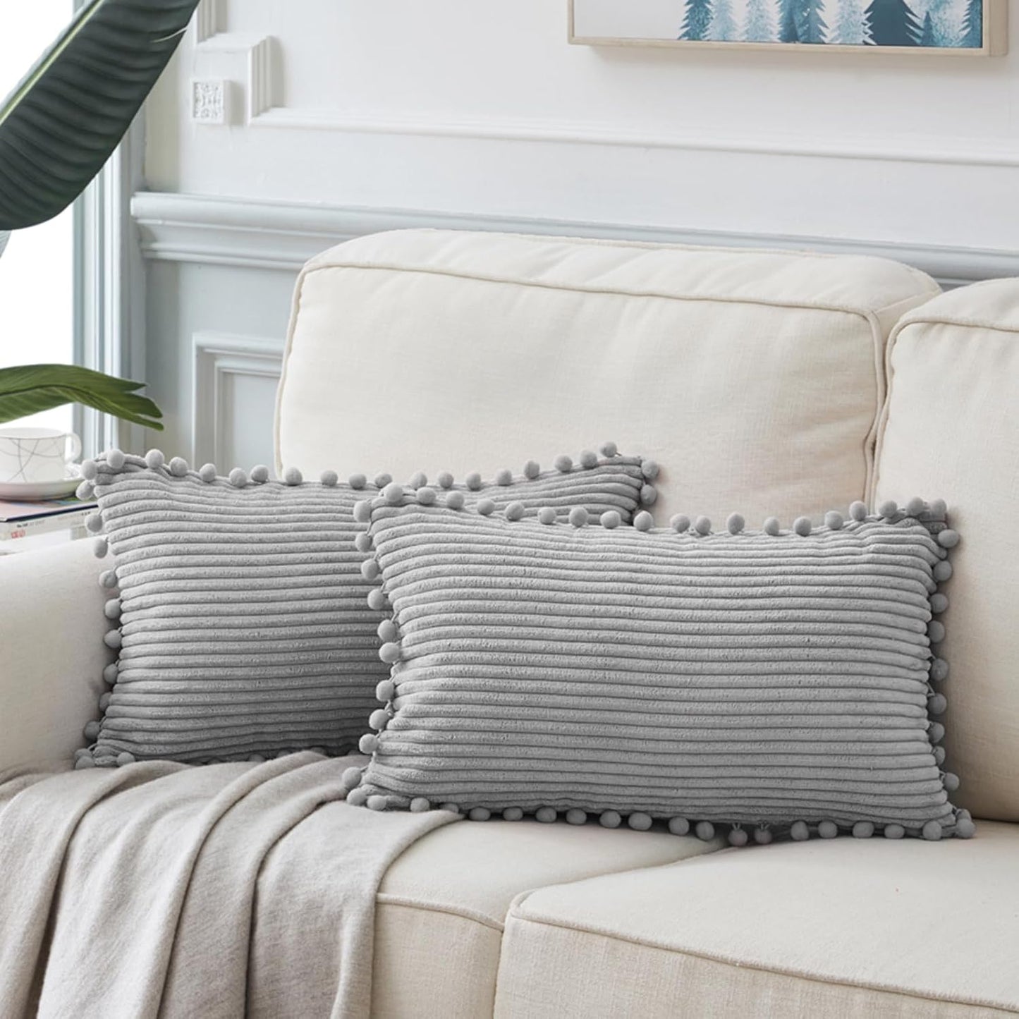 Fancy Homi Pack of 2 Boho Neutral Grey Lumbar Decorative Throw Pillow Covers with Pom-poms, Soft Corduroy Solid Rectangle Cushion Cases Set for Couch Sofa Bedroom Car(12x20 Inch/30x50 cm)