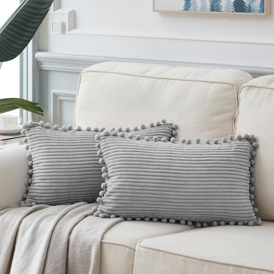 Fancy Homi Pack of 2 Boho Neutral Grey Lumbar Decorative Throw Pillow Covers with Pom-poms, Soft Corduroy Solid Rectangle Cushion Cases Set for Couch Sofa Bedroom Car(12x20 Inch/30x50 cm)