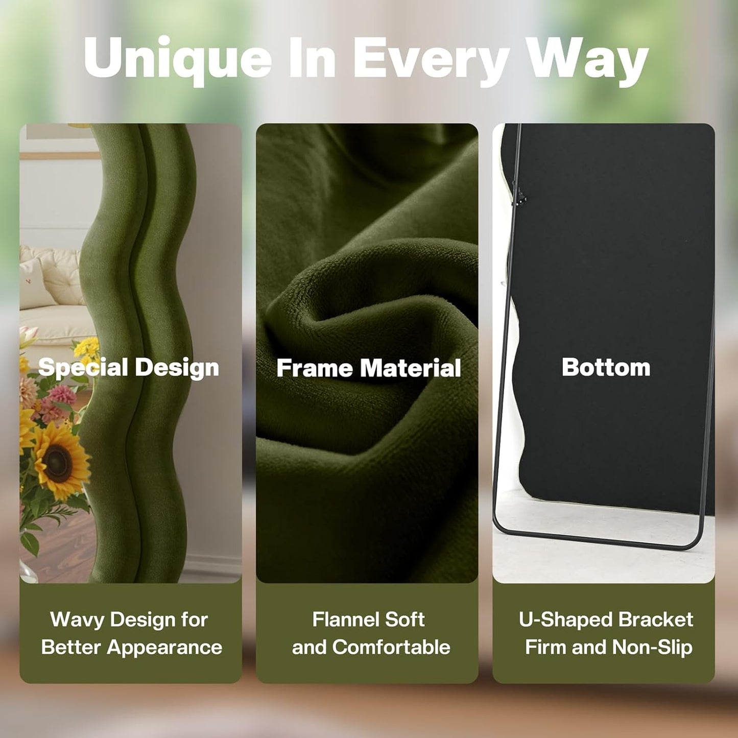 Full Length Mirror 71"x30" Irregular Wavy Full Body Wall Mounted Floor Mirror with Stand Green Flannel Frame Leaning Hanging Wall for Bedroom Entrance Hallway