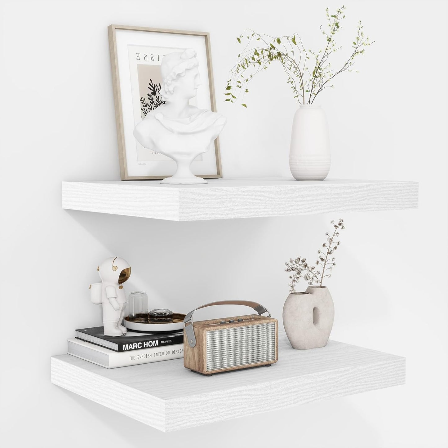 Fun Memories Floating Shelves - 2 Pack 12 Inch Deep Rustic Wooden Wall Shelves - Extra Deeper & Thicker Wall Mounted Storage Shelf for Living Room, Kitchen, Farmhouse - 16" W x 12" D x 1.5" H - White