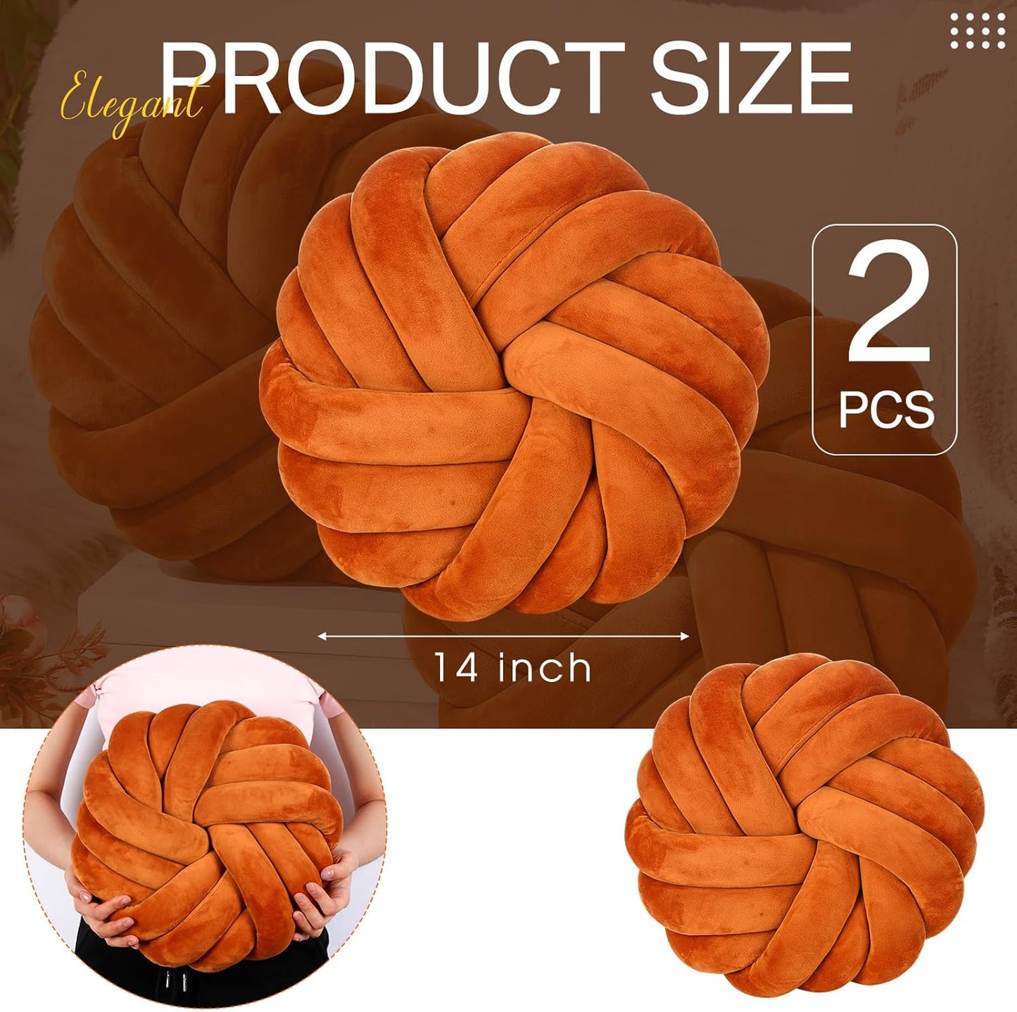 Fumete 2 Pcs 14 Inches Knot Pillow Round Throw Soft Plush Knot Ball Pillow Handmade Knotted Modern Home Decorative Cushion for Bed Bedroom, Sofa, Couch (Caramel Color)