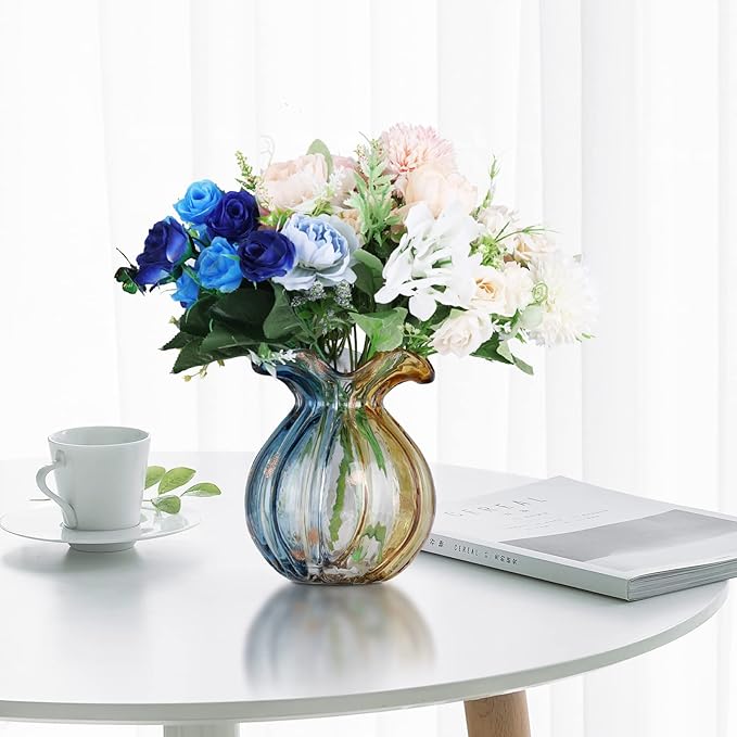 Blown Gradient Glass Art Vase - Transparent, Unique, Modern Art - Wide Mouth for Living Room, Wedding, Dining Table, Office Center Table Display Flower