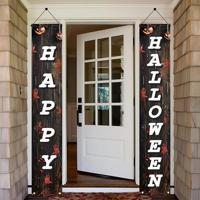 2PCS Halloween Porch Banner Decorations 71 x 12 Inch Happy Halloween Vertical Hanging Sign Scary Bloody Handprint Front Door Banner for Outdoor Haunted House Yard Party Wall Decor