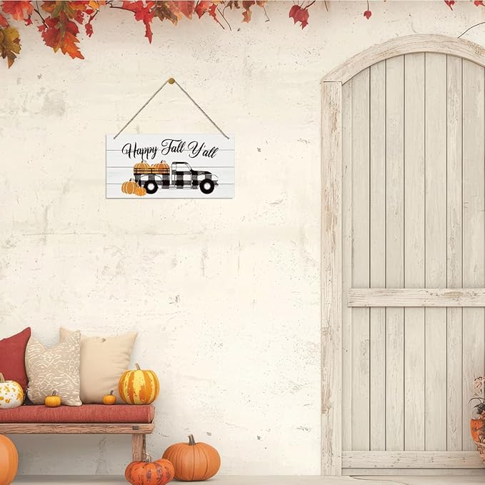 Thanksgiving Decor - Decorative Wood Hanging Plaque, Wooden Wall Art, Fall Pumpkin Truck, Harvest Hanging Wall Door Decoration, Home Farmhouse Decor, Happy Fall Y'all