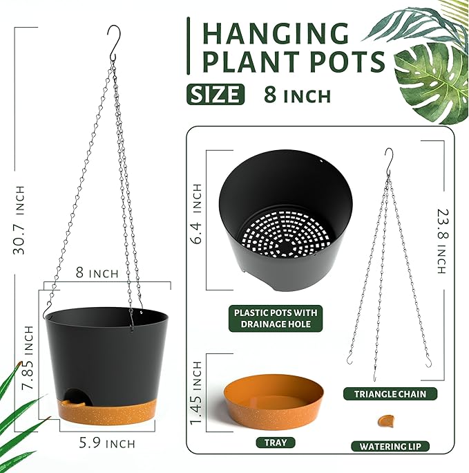 Hanging Planters for Indoor Outdoor Plants, 2 Pack Self Watering Hanging Pot with Drainage Holes and Plant Hangers, Hanging Baskets Flower Pots for Home Garden Decor (Black, 8 inch)