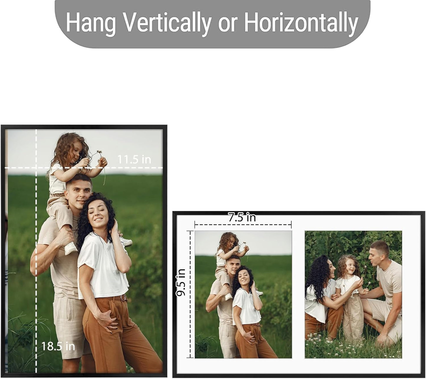 Frametory - 12x19 Aluminum Collage Picture Frame - Display 8x10 Pictures with 2 Openings Mat - Real Glass Front - Horizontal/Vertical Wall Mount - Black 1 Pack