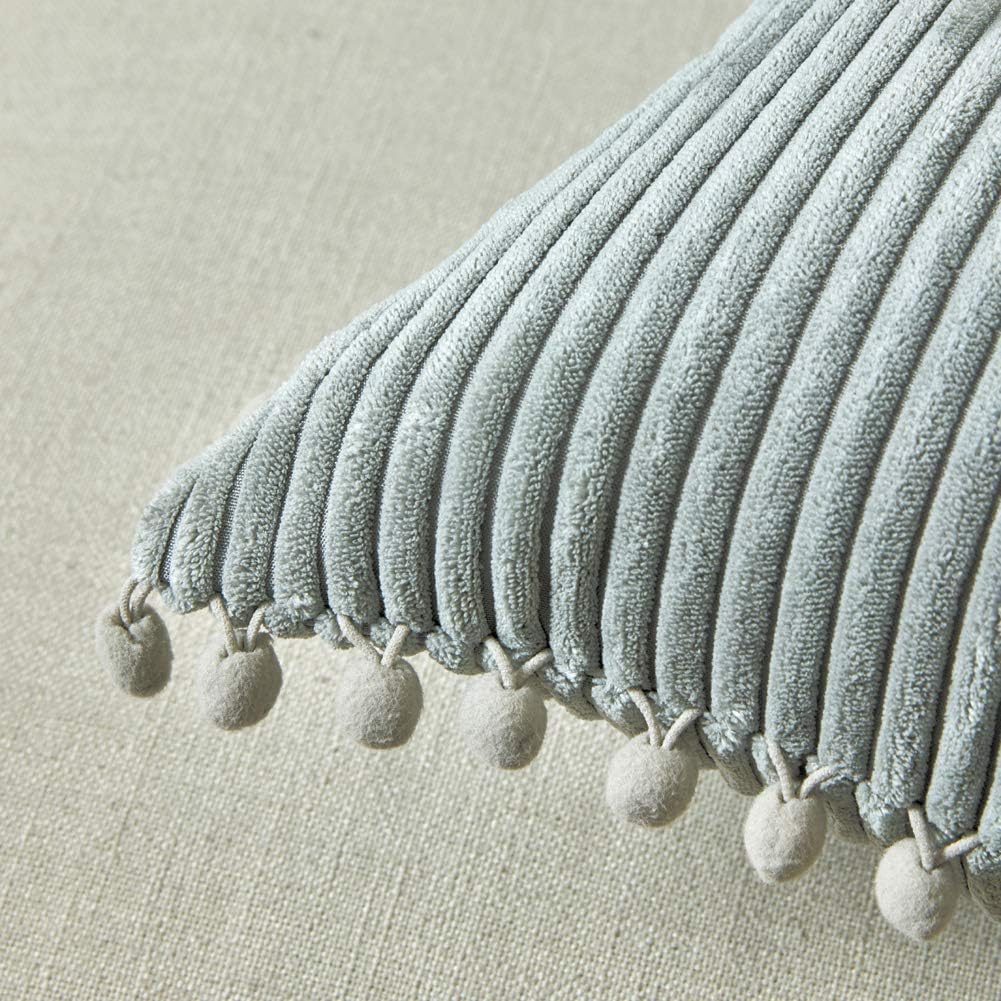 Fancy Homi Pack of 2 Farmhouse Decorative Throw Pillow Covers with Pom-poms, Soft Corduroy Accent Solid Square Cushion Case Set for Couch Sofa Bedroom Car Living Room (18x18 Inch/45x45 cm, Grey)