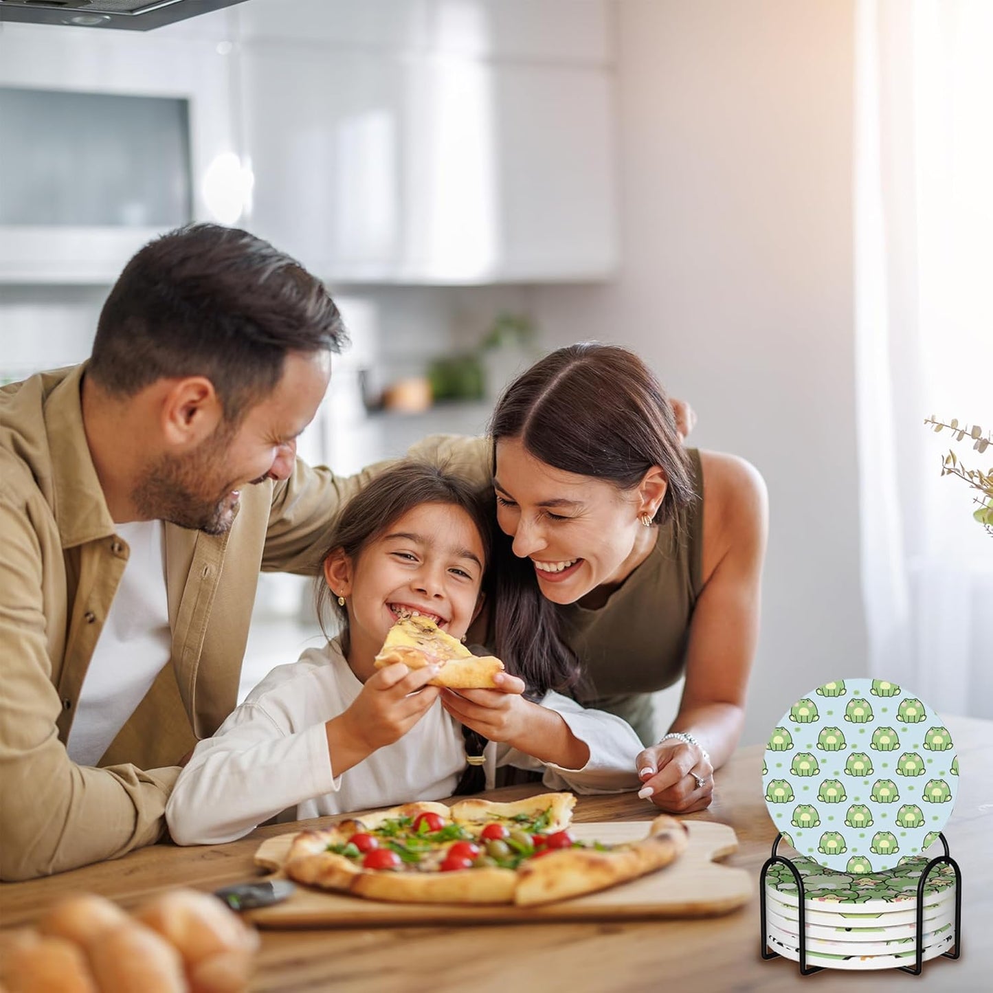 Drink Coasters for Drinks Set of 6,Cute Frog Absorbent Round Ceramic Stone Mat Coaster, with Cork Base and Metal Holder, Home Bar Decor House Warming Gift