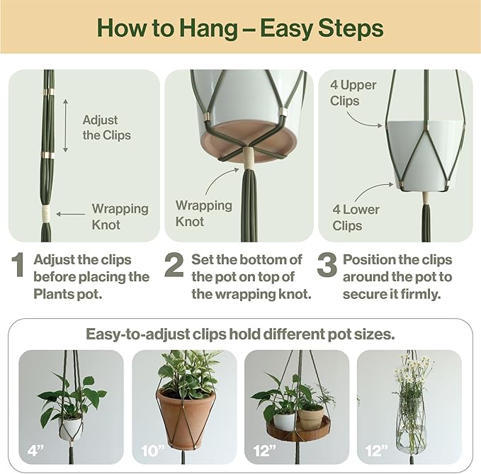 Macrame Plant Hanger Polyester Rope 42 Inch Outdoor Indoor Adjustable Hanging Planter for up to 10 Inch Plant Pot Modern Boho Home Decor (1, Forest Green/Ivory)