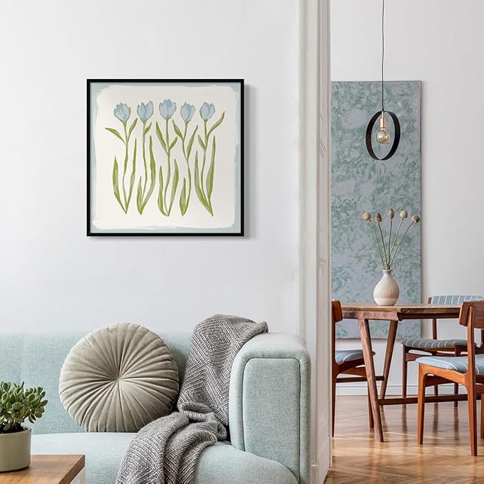 Tulip Flower Canvas Wall Art, Blue and Green Floral Aesthetic Poster, Watercolor Chinoiserie Art Print, Modern Southern Grandmillennial Botanical Picture Painting for Wall 24x24in Unframed
