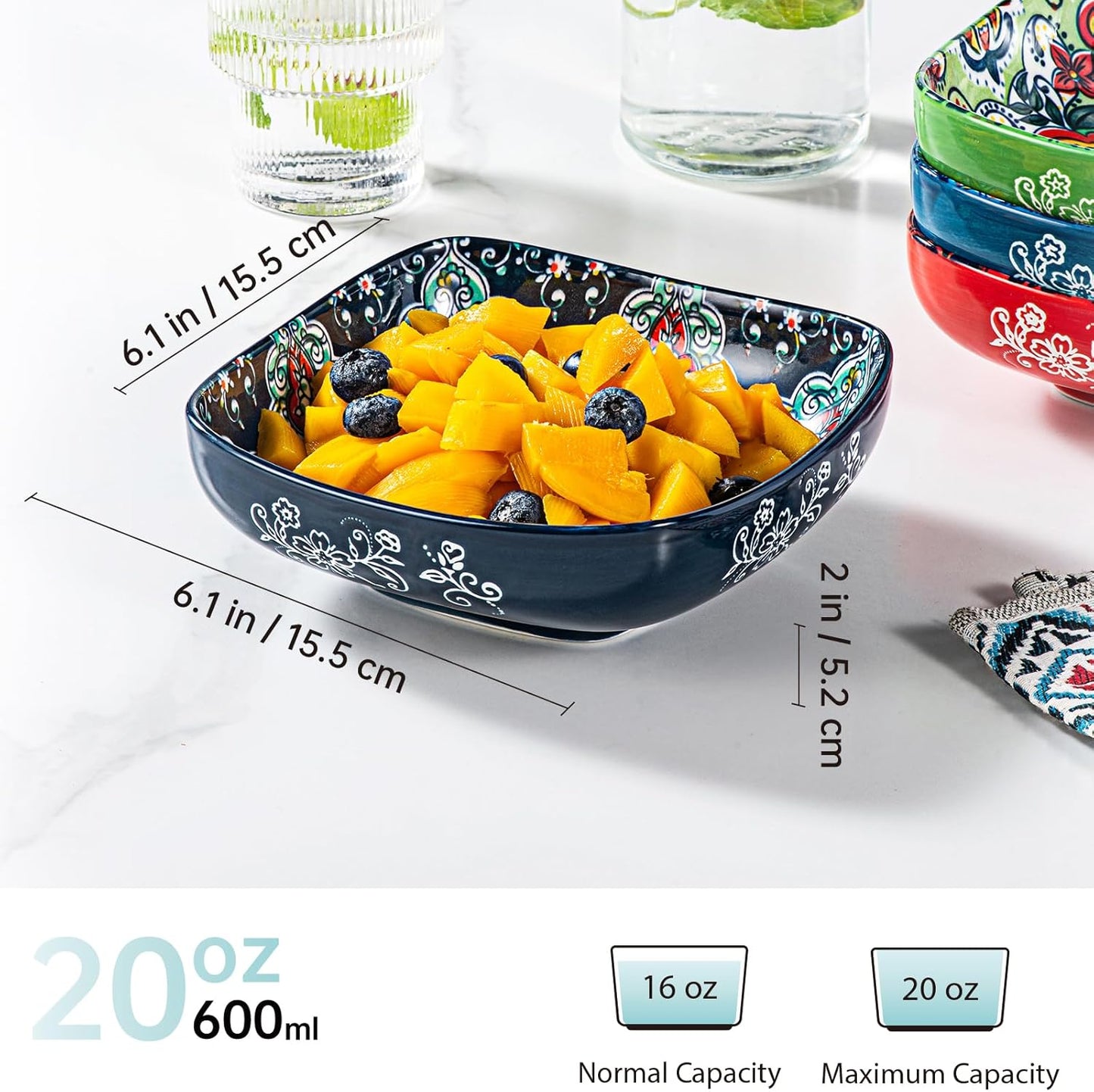 HENXFEN LEAD Boho Ceramic Square Bowls – 20 oz Colorful Bowls for Snacks, Dessert, Side Dishes, Pasta - 6 Inches Appetizer Plates Set of 6, Microwave & Dishwasher Safe