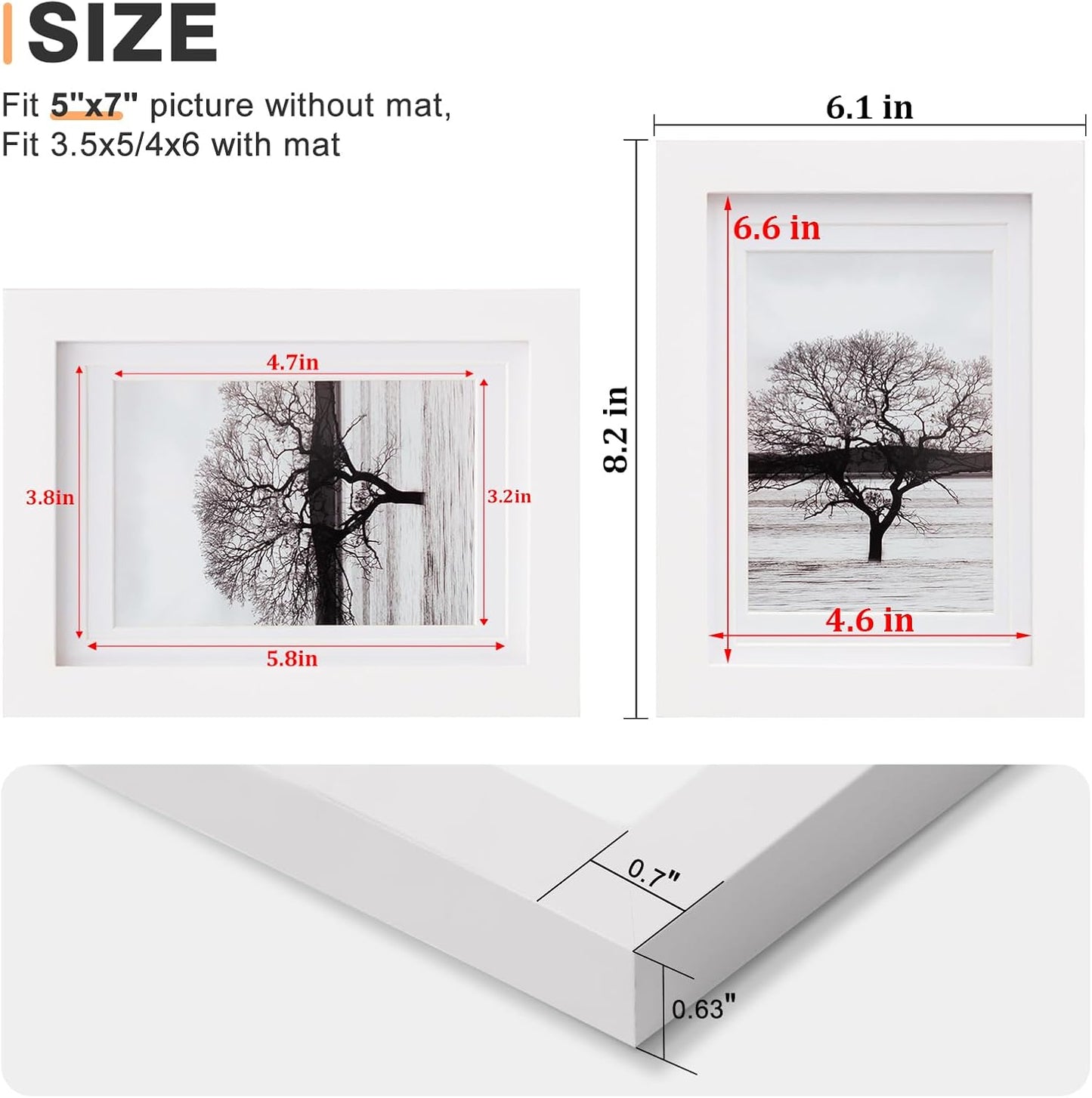 Egofine 5x7 Picture Frames Set of 4, Made of Solid Wood Covered by Plexiglass 3.5x5 and 4x6 with Mat or 5x7 without Mat, for Table Top Display and Wall Mounting Photo Frame White