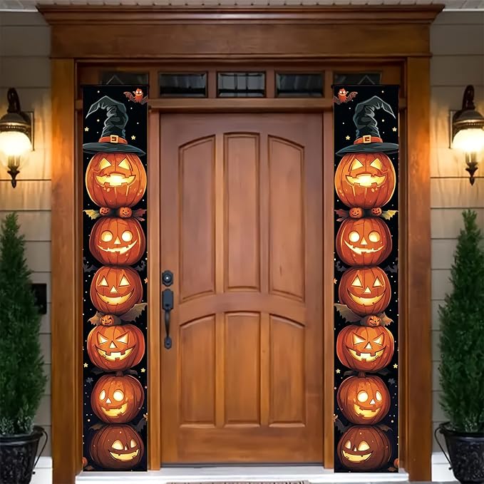 Halloween Door Banner 12x71 Inch Porch Hanging Front Door Indoor Outdoor Stacked Pumpkin Tower Witch Hat Bat Spooky Decorations Vertical Banner