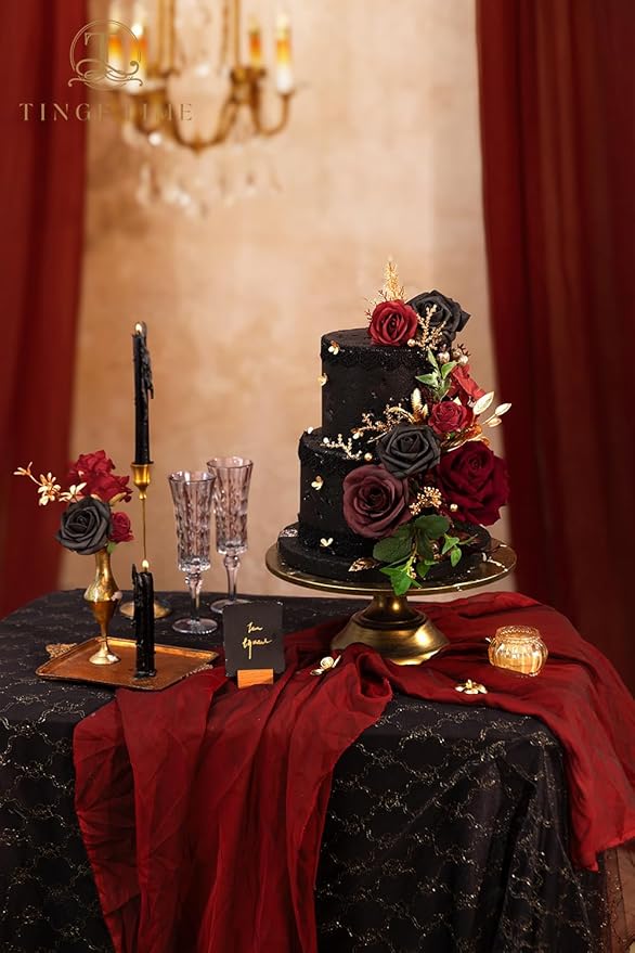 TINGE TIME Fake Flowers Artificial Flowers Peonies Bulbous Chrysanthemum Daisy Hydrangea Sunflower Violets Dahlia Daffodils Epiphyllum Orchid Cherry Blossom Camellia Leyaron (Gothic Black and Red)