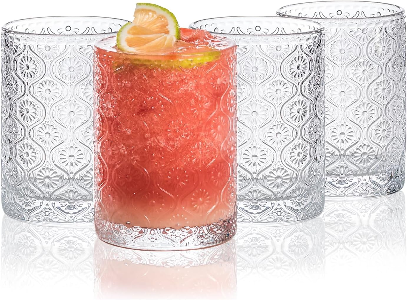 Glass Cups Vintage Glassware Set of 4, Drinking Glasses 9oz, Embossed Pattern Style Transparent Cocktail Glasses Set, for Ice Coffee,Juice,Beer,Bar Beverages,Drinkware, Transparent (S)